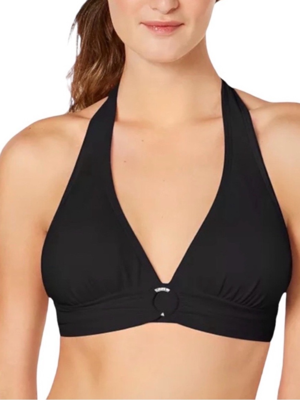 NWT MICHAEL Michael Kors Black Bikini halter Top with Gold Logo size L